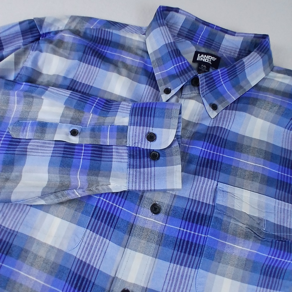 Lands End Mens XXL Traditional Fit Blue Plaid Long Sleeve Button Down Shirt